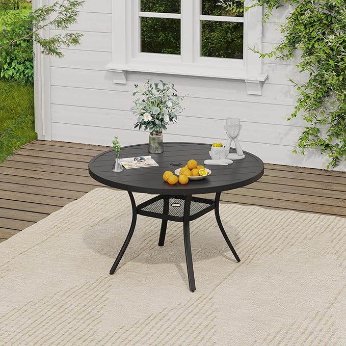 VICLLAX Outdoor Table and Chairs Set for 4, Patio Dining Set of 40.7" Metal Round Patio Table with Umbrella Hole & 4 Swivel Outdoor Dining Chairs for Backyard Lawn, Charcoal & Black