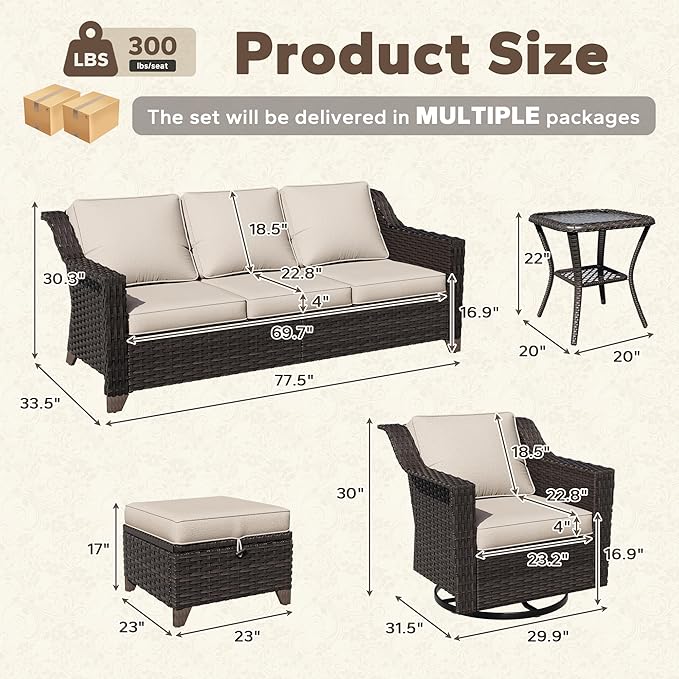 6 Pieces Patio Conversation Furniture Set - 1 Sofa, 2 Swivel Chairs, 2 Ottomans, 1 Side Table, Outdoor Wicker Furniture with Removable Cushions for Porch, Balcony, Sunroom (Beige)