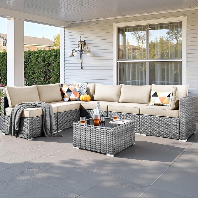 7 PCS Outdoor Patio Furniture Sets,Wicker Weather Resistant Patio Conversation Set with Comfy Cushions,Modular L Shaped Sofa with Coffee Table for Yard Backyard Porch Garden Poolside,Beige