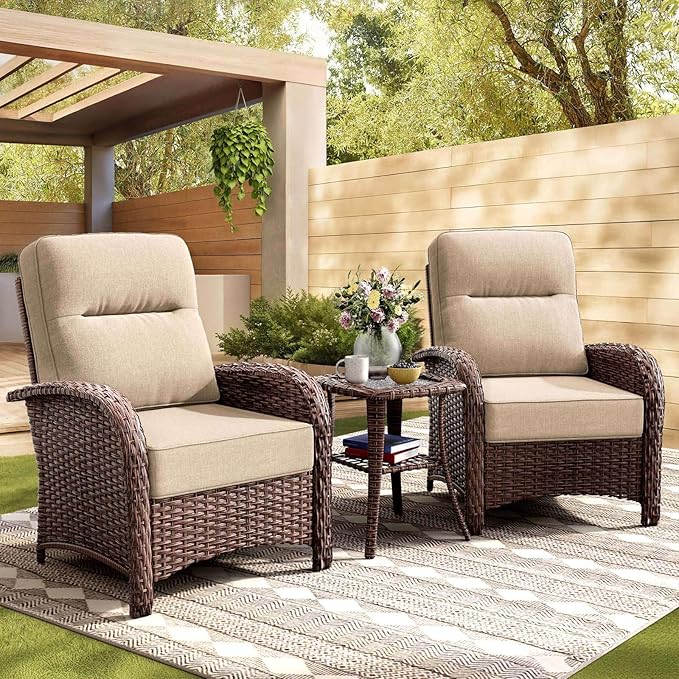 3-Piece Patio Furniture Set with 6-Inch Thick Cushions, High Back Outdoor Arm Chairs and Table, All-Weather Conversation Set for Porch, Deck, Balcony, Yard in Beige
