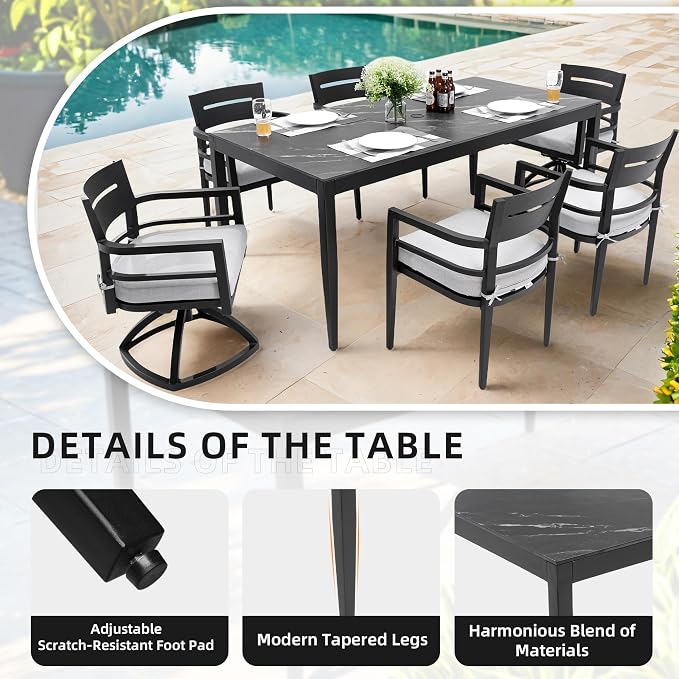 7PC Aluminum Outdoor Patio Dining Set, 71" Rectangular Dining Table with Black Marble Sintered Stone Top, 4 Chairs & 2 Cushioned Swivel Rockers, All-Weather Patio Furniture