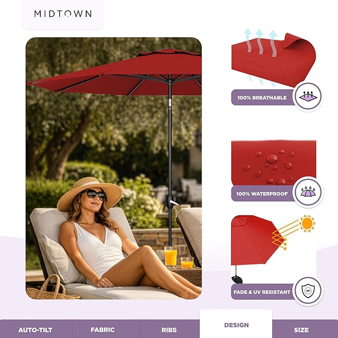 Midtown Umbrellas - The Lean 8 Ft Patio Umbrella with Fade-Resistant Sunbrella Fabric, Auto-Tilt Aluminum Frame and 8 Reinforced Ribs for Deck, Pool & Garden - Red Canopy, Black Pole