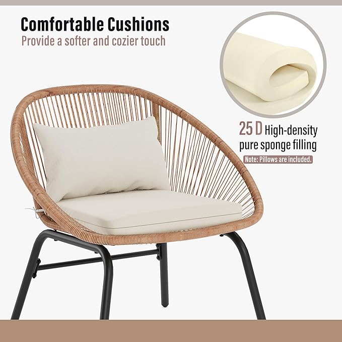 LAUSAINT HOME 3-Piece Outdoor Patio Set, All-Weather Wicker Rattan, Conversation Bistro Set with 2 Deep Seating Chairs & Coffee Table for Garden, Deck, Balcony, Porch, Backyard (Synthetic, Waterproof)