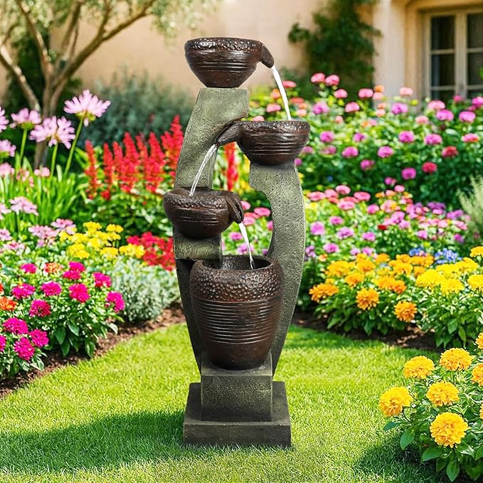 Naturefalls 40" Tall Outdoor Water Fountain and Waterfalls - Large Garden Fountain with LED Lights, 4-Tier Crocks, Indoor and Outdoor Fountains for Garden, Patio, Deck, Porch, Backyard and Home, Gray