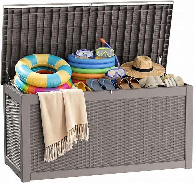 PatioZen 330 Gallon Outdoor Storage Box, Heavy Duty Resin Large Deck Box Organization for Garden Tools & Pool Accessories, Hydraulic Lift, All-Season UV-Resistant, Grey