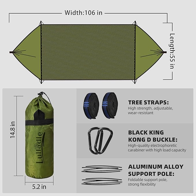 Lulladle Camping Hammock - (Double/Single) Hammock Portable with Tree Straps and with Mosquito Net，Nylon Hanging Hammock Easy Setup and Pack for Outdoor, Hiking and Backyard