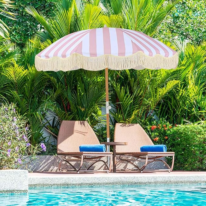 Table Umbrella Windproof 6.5ft Boho Beach Umbrella With Fringe UV50+Tassel Umbrellas Portable Outdoor Umbrella With Carry Bag Pink White Striped Patio Umbrella Tilting Wood Pole for Garden Pool