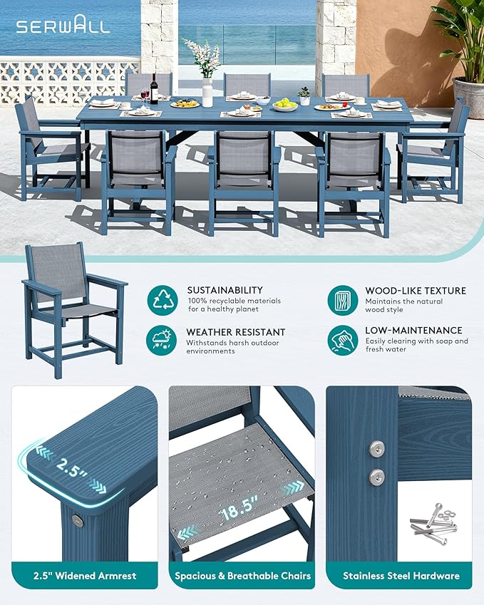 SERWALL Outdoor Dining Chairs Set of 2, All-Weather HDPE Textilene Sling Dining Chair for Backyard, Garden, Blue