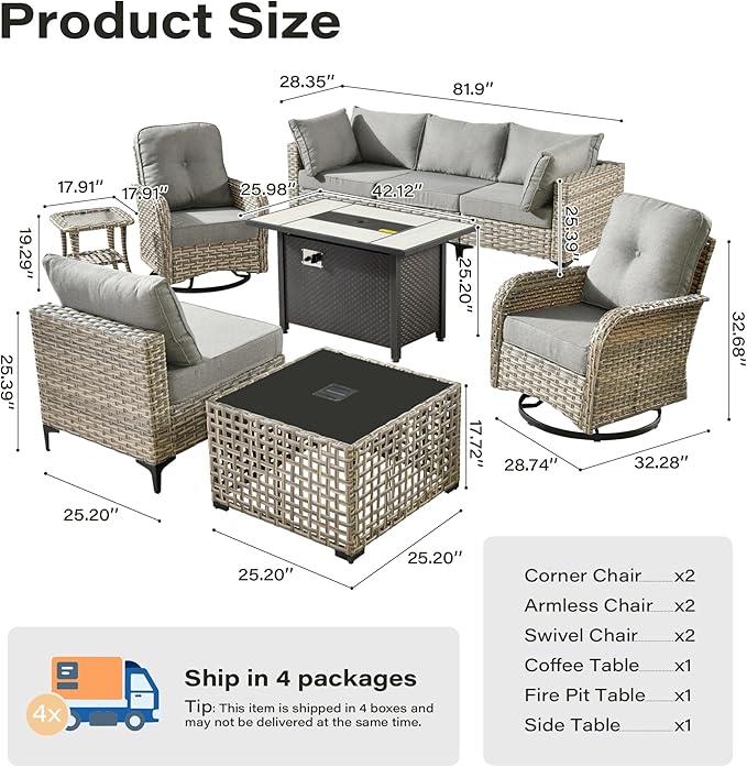 9 Pieces Outdoor Sectional Patio Furniture Set with 42" Fire Pit,Conversation Sets Rattan Wicker L Shaped Couch Swivel Rocking Chairs,Modular Outdoor Sofa for Porch Balcony Backyard Dark Grey
