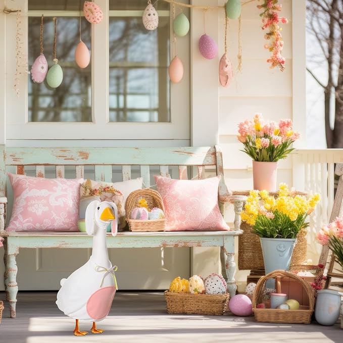 FuWeave Goose Outfit for 17" Baby Goose Lawn Porch Clothes for Outdoor Patio Yard Lawn Art Decoration (Pink White,17inch,Easter Bunny)