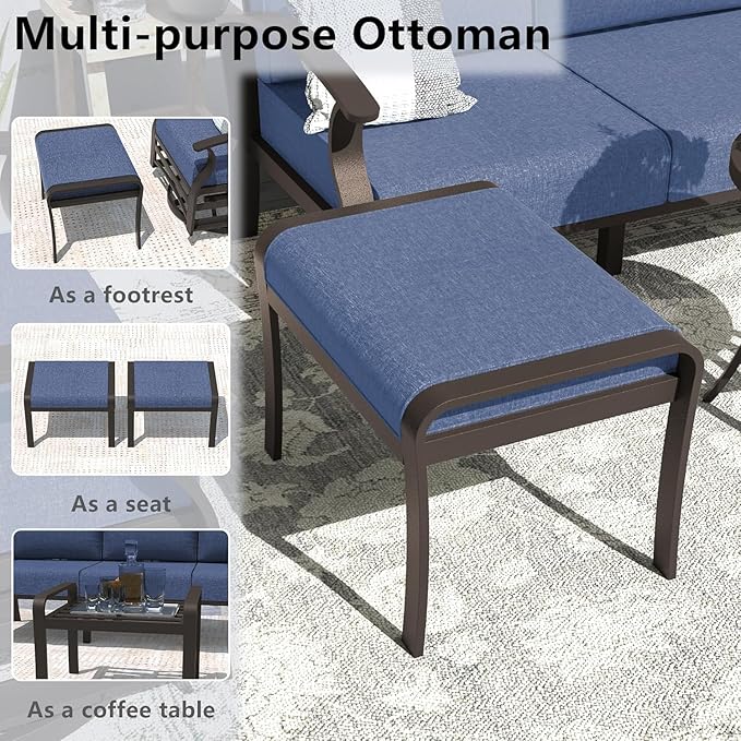 Kullavik Aluminum Patio Furniture Set with 2 Swivel Chairs,9-seat Metal Outdoor Furniture Patio Sectional Sofas Patio Conversation Set w/2 Ottomans for Patio,Backyard,Poolside-Navy Blue