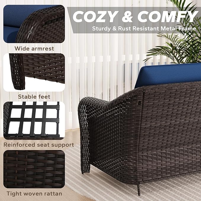 78" Wicker 3-seat Sofa, Outdoor Conversation Furniture, All-Weather Rattan Couch, Steel Frame Couch with Cushions for Garden, Poolside, Porch (Navy Blue)