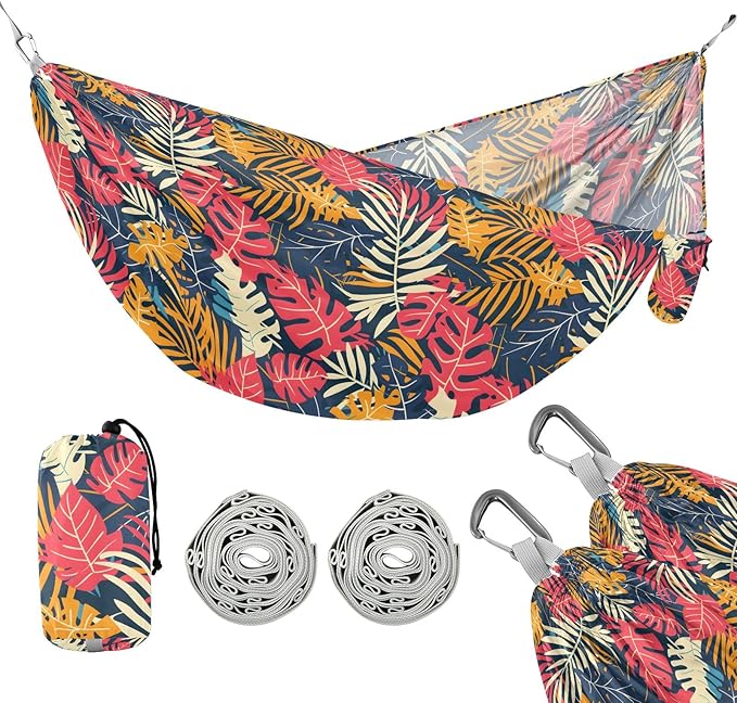 Camping Hammock Outdoor Hammocks for Outside Tropical Ethnic Leaves Beach Trees Portable Lightweight with Pockets Tree Straps Indoor