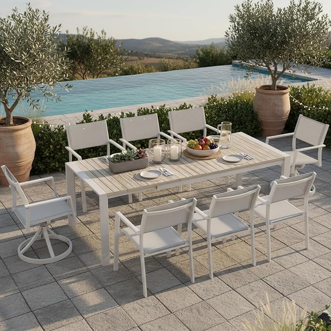 Outdoor Patio Furniture Set 9 Piece, Outdoor Dining Set with Extendable Patio Dining Table, 2 Aluminum Patio Swivel Chairs & 6 Patio Dining Chairs with Armrest for Garden Lawn Deck