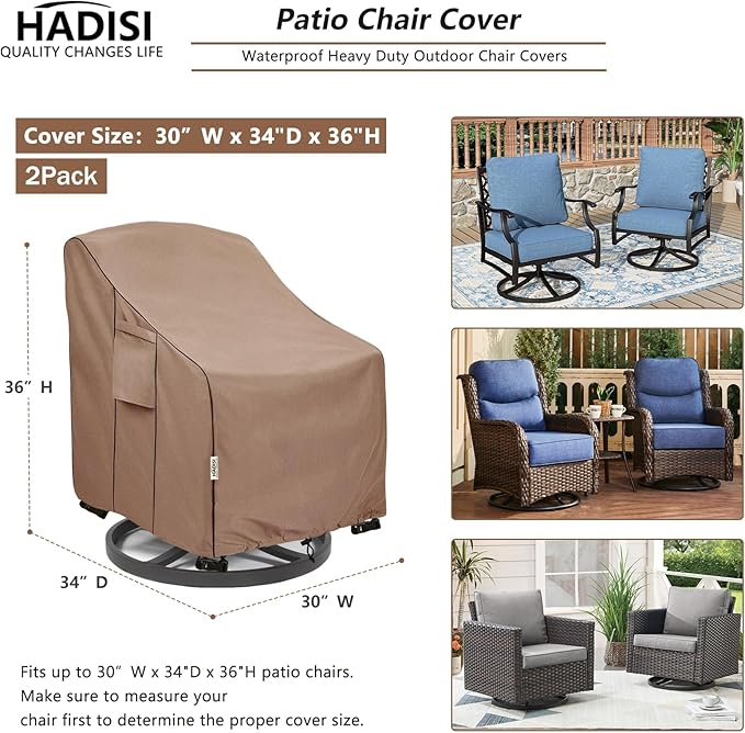 Patio Chair Covers for Outdoor Furniture Waterproof 2 Pack, Heavy Duty Waterproof Outdoor Swivel Chair Cover (30"W x34"D x36"H - Brown)