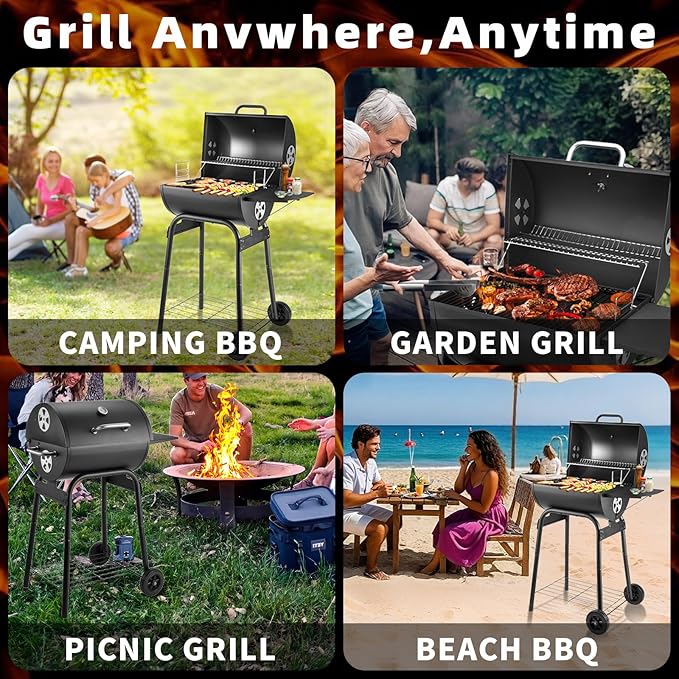 Kendane Barrel Charcoal Grill, Large Charcoal Grills with Side Shelf, Outdoor BBQ Grill,Perfect for Backyard Camping, Patio Parties and Picnics