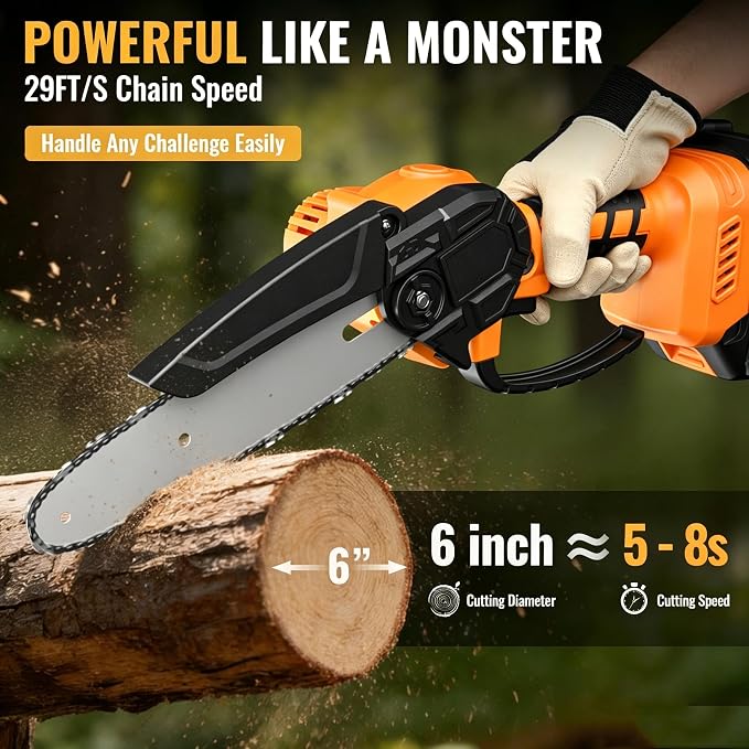 Mini Chainsaw Cordless,6-inch Electric Chain Saw with 2 Lithium Battery Powered,Hand Held Saw for Tree Trimming and Wood Cutting,Best Garden Tools,Unique Gift for boyfriend,father,Men,Orange