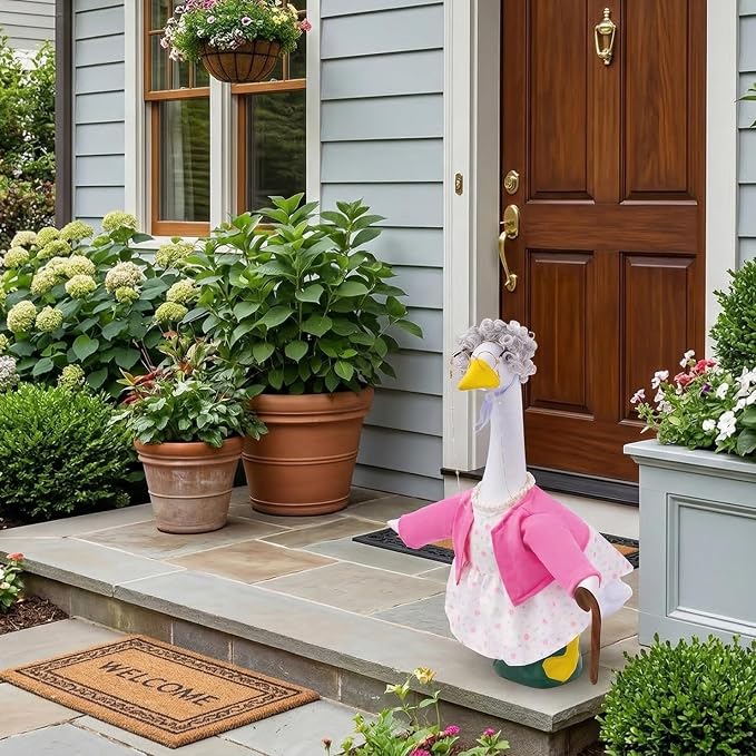Old Lady Porch Goose Outfits with Floral Dress for 23" Cement Statues | 23 inch Funny Concrete Goose Outfit Grandma Costume with Wig Glasses Cane for Lawn Yard Garden Patio Decor(Hot Pink Floral)