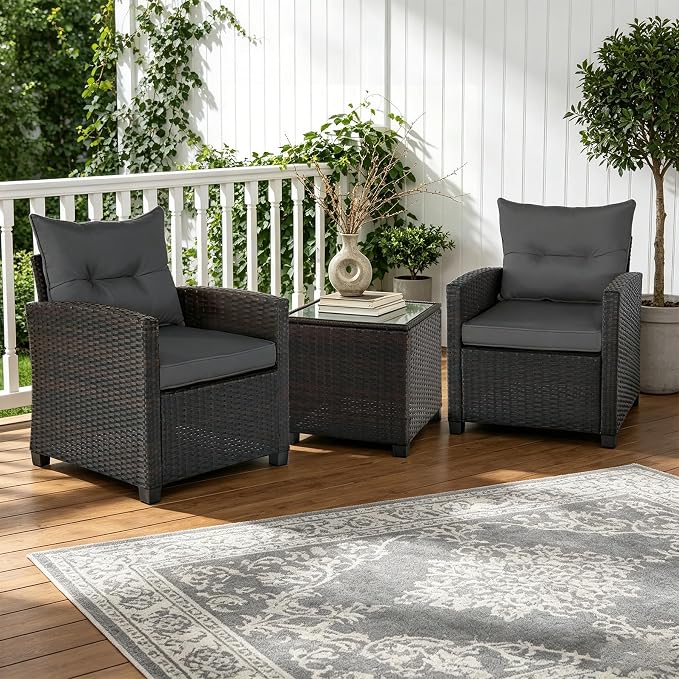 SHGJ&SOFT 3 Pieces Patio Furniture Set, Outdoor Conversation Set with Cushions, PE Rattan Wicker Bistro Set and Tempered Glass Tabletop, Outdoor Rattan Sofa for Poolside,Porch,Balcony (Grey)