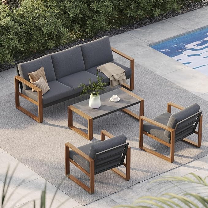 4-Piece Outdoor Furniture Set with Cushions, Modern Aluminum Patio Conversation Sofa Set for Garden, Backyard, Deck, Porch, or Poolside, Comfortable Outdoor Sectional for Relaxing Seating