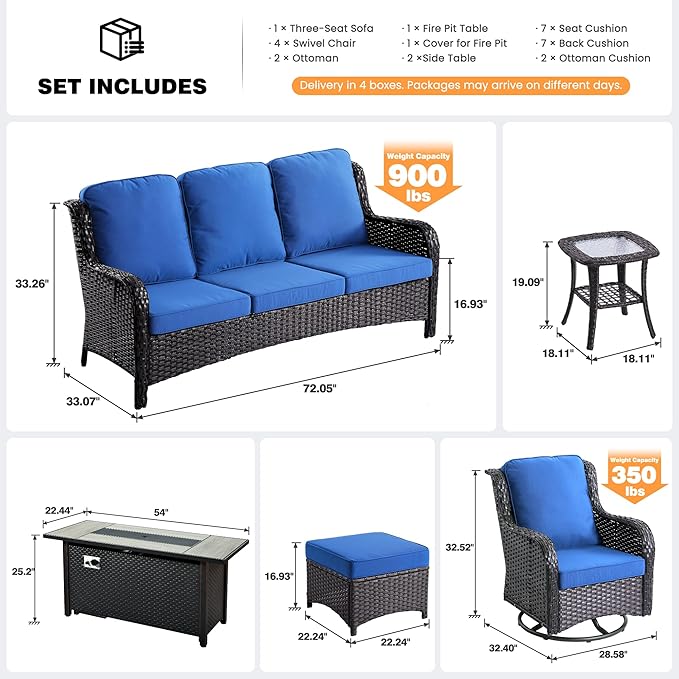 ovios 10-Piece Patio Furniture Set with Swivel Chairs Coffee Table, Outdoor Wicker Sofa with 54" Fire Pit Table, High Back Couch Modern Conversation Sets, Brown/Navy Blue