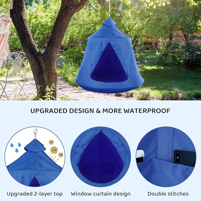 TLSUNNY Hanging Tree Tent for Kids Adults, Hanging Tent Indoor Outdoor 45 H x 44 Diam, Portable Waterproof Play Tent w/LED Lights String, Tree House Swing Pod, Hangout Huggle pod Ceiling Hammock 330LB