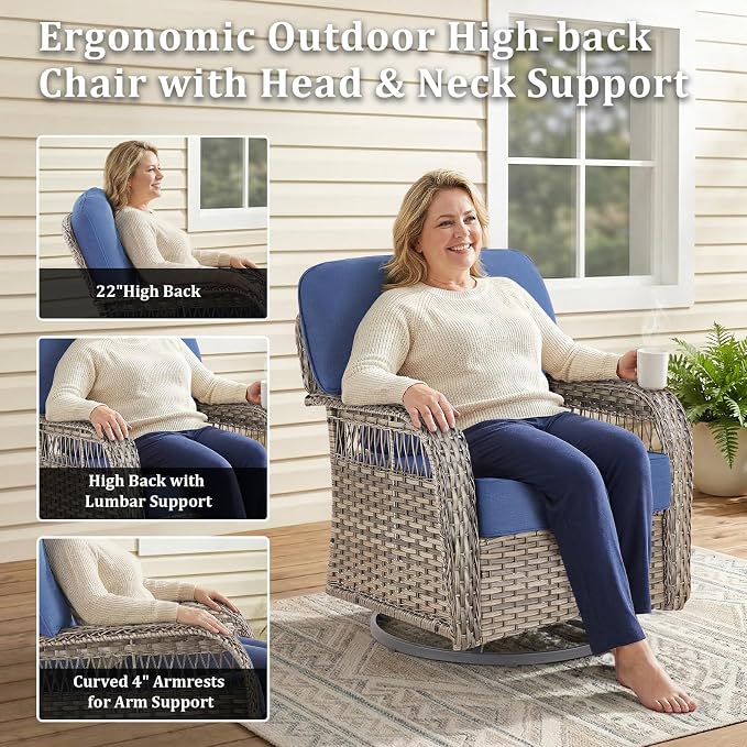 3 PCS Patio Swivel Rocking Chairs Set, Outdoor Wicker Furniture with 5-Inch Thick Olefin Cushions & Rattan Side Table, 360° Swivel Rocker Chairs for Garden, Porch, Backyard, Blue/Gray Wicker