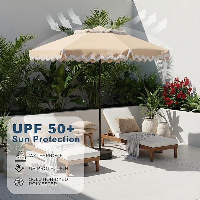9FT Patio Umbrella with Fringe,Tassel Umbrella with Push-Button Tilt | UPF 50+ & Rust-Resistant Fiberglass Frame for Patio, Pool,Garden,Yard(Khaki)