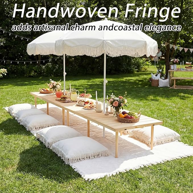 Boho Fringe Beach Umbrella with Extra Large Picnic Blanket Set, 6.5Ft UPF50+ Tassel Ruffles Umbrella 71"x 91" Picnic Blanket for Beach Wedding Bridal Shower Birthday Party Patio Lawn
