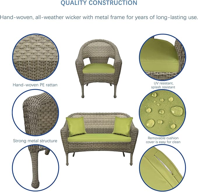 Jeco W00402G-G-FS029 Set of 4 Resin Wicker Clark Conversation Set, Grey, Sage Green Cushion