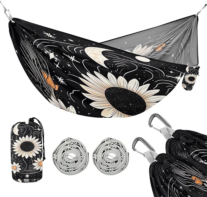 Qilmy White Sun Flower Camping Hammock Single – 330 lbs Capacity, Lightweight with Tree Straps & Carabiners, Portable for Hiking, Travel, Backpacking