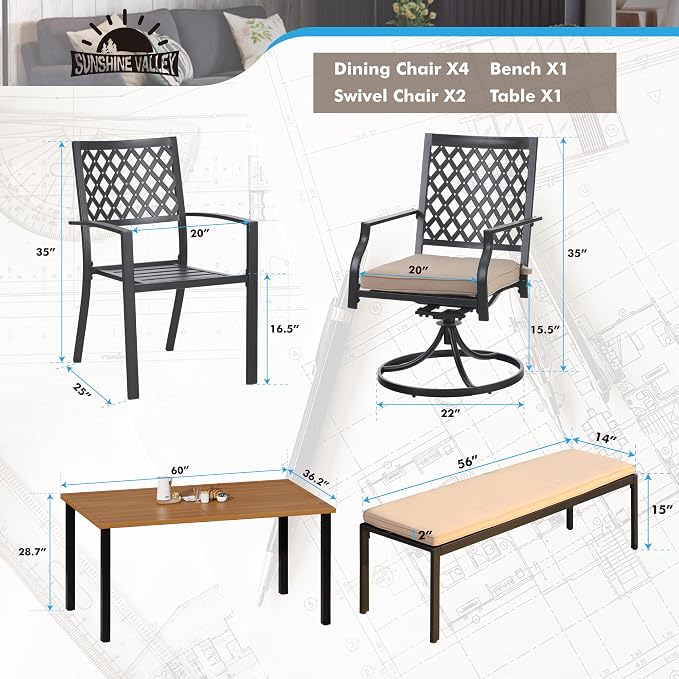 SUNSHINE VALLEY Patio Dining Set,60x38 Outdoor Table w/Swivel Chairs | 60x36 Outdoor Table and Chairs Set with Umbrella Hole, 2 Leg Chairs, 2 Swivel Chairs, 1 Metal Table and 1 Cushioned Bench