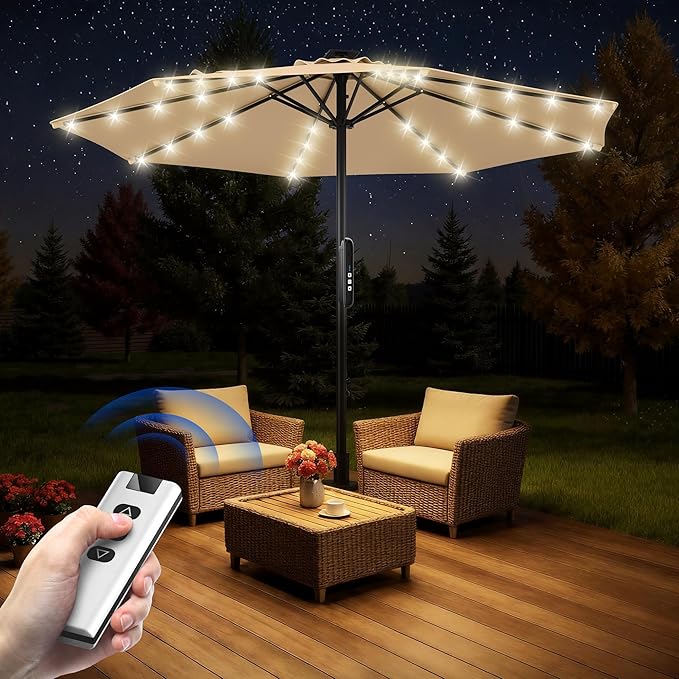 HOMSHADE 9 FT Motorized Patio Umbrella with Remote Control, Outdoor Patio Umbrella with Solar Lights, Umbrella Outdoor Patio with UPF50+ UV Protection, 5-Year Fade Resistant for Deck, Backyard, Pool