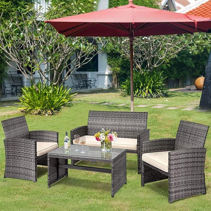 Goplus Rattan Patio Furniture Set 4 Pieces, Outdoor Wicker Conversation Sofa and Table Set with Soft Cushions & Tempered Glass Coffee Table for Balcony Garden Backyard (Beige(Mixed Color Wicker))
