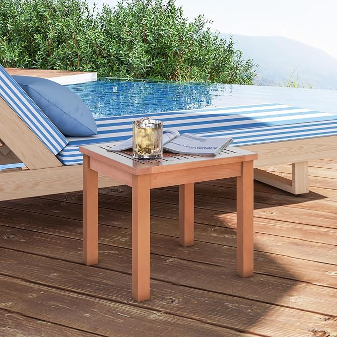 RELAX4LIFE Adirondack Outdoor Side Table - 18’’ Square Eucalyptus Wood Indoor Outdoor End Table with Slatted Tabletop for Balcony Backyard Garden Porch Deck, Small Pool Side Patio Table (1)