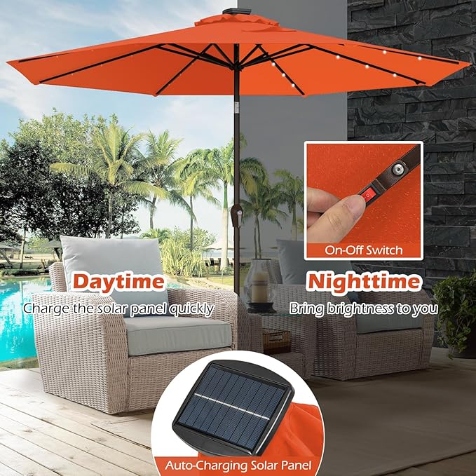 Giantex 9ft/10ft Outdoor Patio umbrella with Solar Lights, Table Market Umbrella with Crank and Push-button Tilt System, Solar LED Lighted Patio Umbrella for Backyard Deck Pool Beach