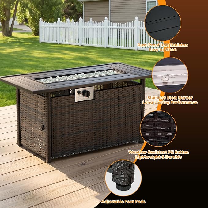 CHABATREE 8-Piece Wicker Patio Conversation Set with 44" Propane Fire Pit Table, Cozy Outdoor Sectional Sofa for Backyard Gatherings, Poolside Lounging & Garden Parties
