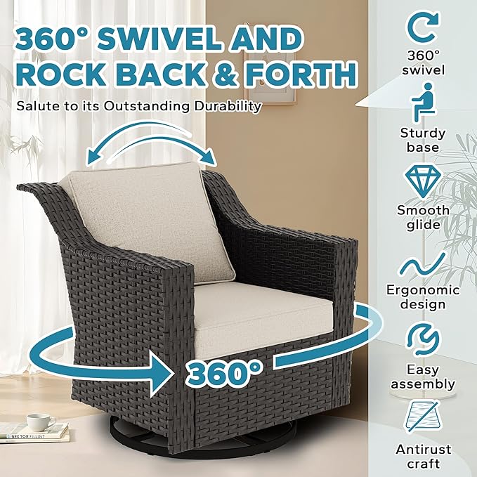 7 Pieces Outdoor Conversation Furniture Set - 77" Patio sofa, 2 Armchairs, 2 Swivel Glider Chairs, 1 Side Table, 1 Metal Coffee Table, Wicker Couch with Washable Cushions for Porch (Beige)