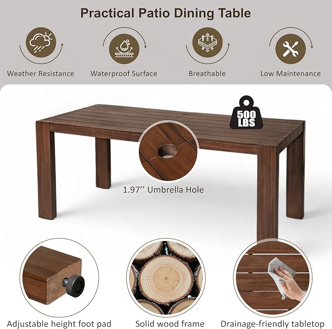 7-Piece Patio Dining Table Set for 6, Outdoor Furniture Sets with 71" Rectangle Table and Removable Cushions,for Backyard Garden Poolside (Mocha + Beige#m)