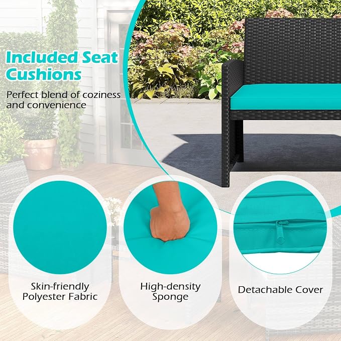 RELAX4LIFE 4-Piece Patio Furniture Set - Wicker Rattan Outdoor Sectional Sofa Set w/Glass Coffee Table, Loveseat, 2 Chairs & Soft Cushions, Bistro Conversation for Garden Porch (1, Black-Turquoise)