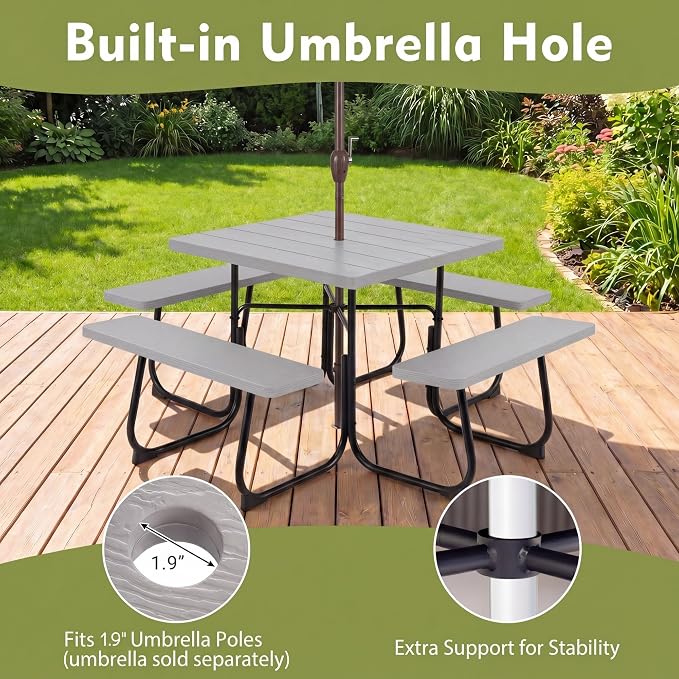 GYMAX Picnic Table Bench with Umbrella Hole, 8 Person Square Outdoor Picnic Table with Metal Frame & HDPE Tabletop, Camping Table for BBQ Yard Patio, 2300LBS Capacity (Gray)