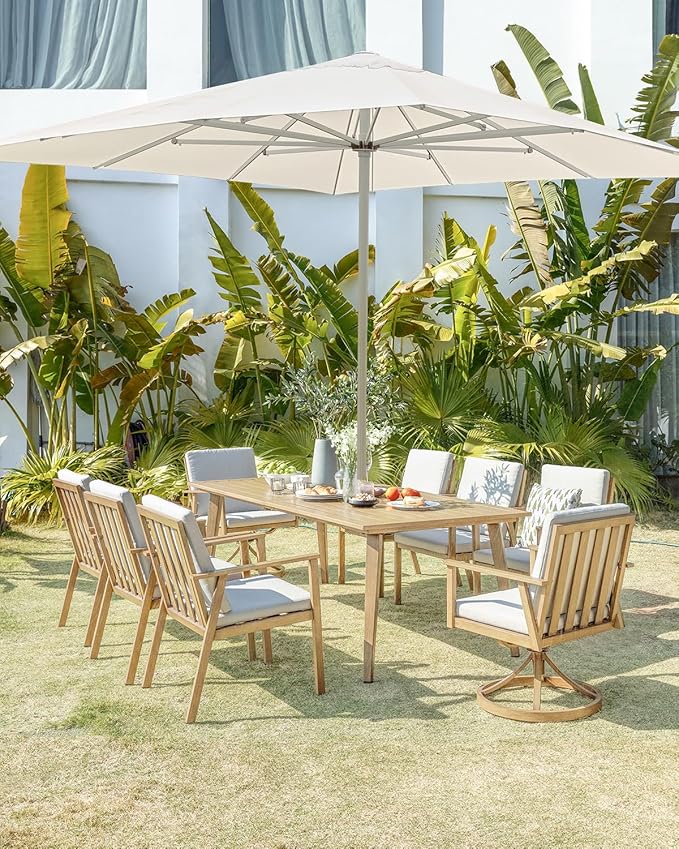 9 Pieces Outdoor Dining Set for 8, Never-Rust Aluminum Patio Dining Set with 2.2" Umbrella Hole, Outdoor Patio Furniture Set with 2 Swivel Chairs for Decks, Garden, Backyard, Maple Wood