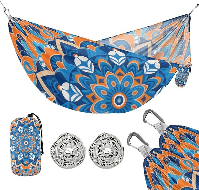 Bohemian Orange-Blue Patterns Outdoor Hammock with Portabl Carry Bag Swing Hammock for Indoor Outdoor Patio