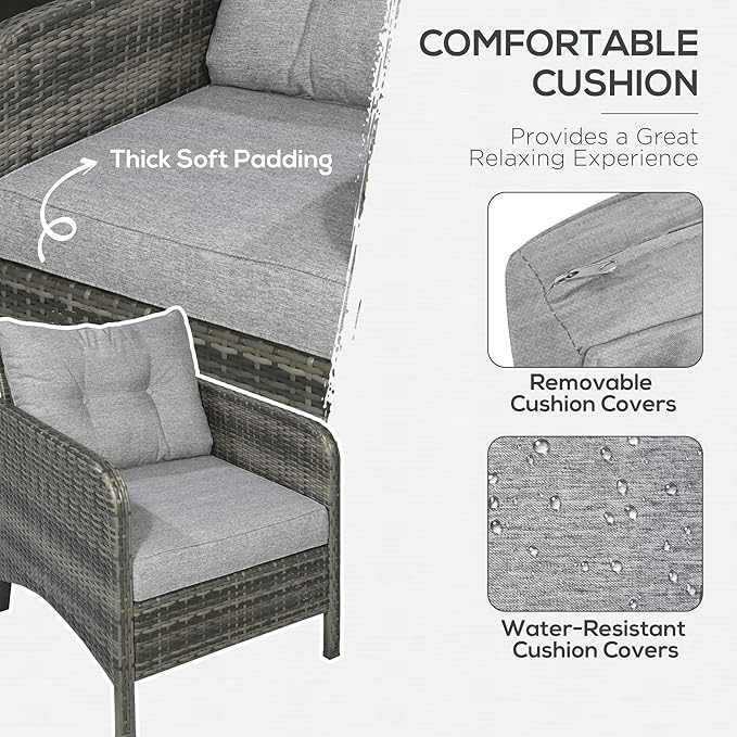Outsunny 5 Pieces Rattan Wicker Lounge Chair Outdoor Patio Conversation Set with 2 Cushioned Chairs, 2 Ottomans and Tempered Glass Top Coffee Table, Gray/Light Gray