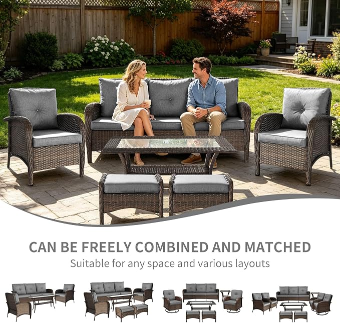 Outdoor Swivel Rocker Patio Chairs (Brown Wicker/Grey Cushion, 6PC/Sofa & Chair &Coffee Table & Ottomans)