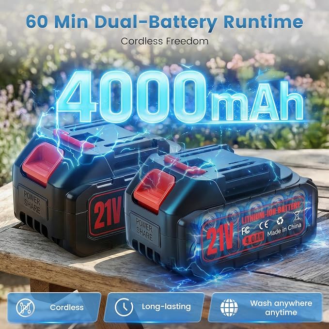 Cordless Portable Washer, 900PSI Portable 4000mAh Cleaner with 6-in-1 Nozzle & 2 Batteries and Shut-Off Valve Garden Hose Adapter for Watering, Cleaning, Car, Floor Wall Fence Cleaning