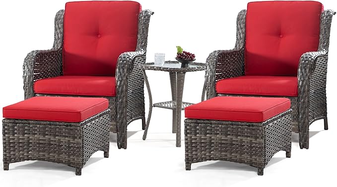 5 Pieces Outdoor Wicker Chair Set - Wicker Patio Furniture Set with 2 Chairs, 2 Ottomans and 1 Side Table for Backyard, Porch, Balcony(Mixed Grey/Red)