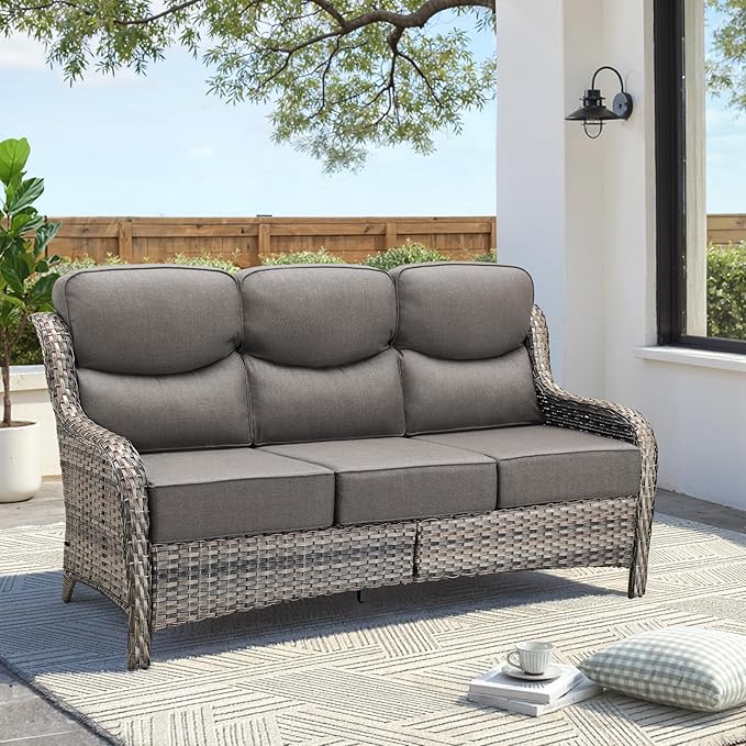 Luxury Outdoor Patio Furniture Set-Wicker High Backrest 3-Seat Patio Sofa with Comfy 6" Cushion, Rattan Couch with Deep Seat All-Weather Patio Conversation Set for Deck Backyard Garden(Grey/Grey)
