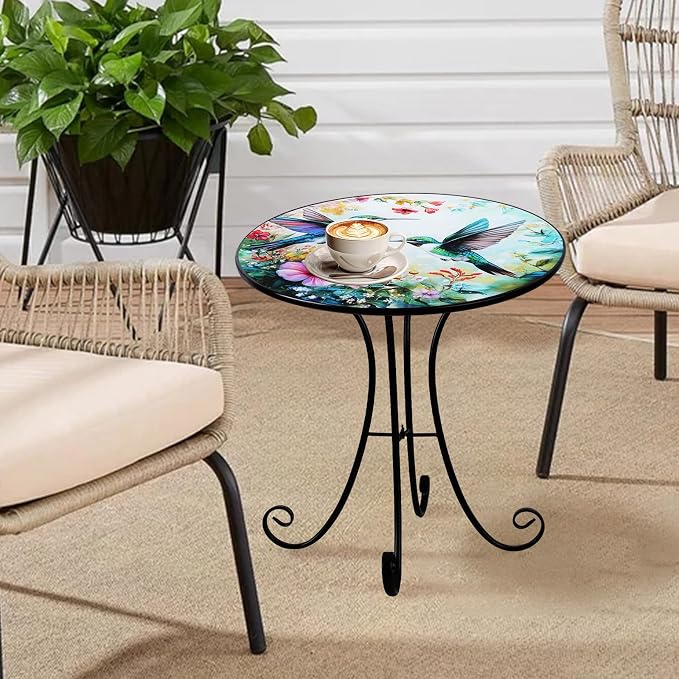 Outdoor Side Table, Hummingbird & Flower Round Accent Table, 18" Metal Indoor Small End Tables, Plant Stand Tables for Patio Yard Balcony Garden Bedside