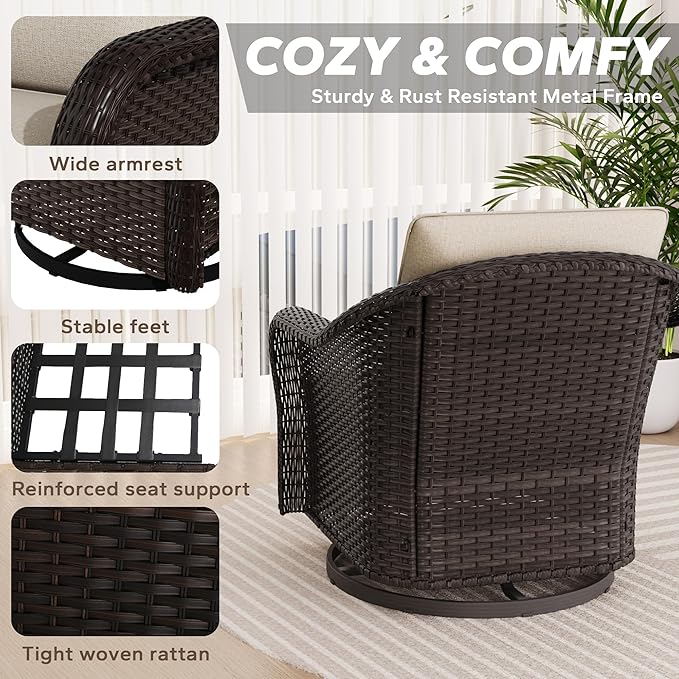 5 PCS Outdoor Conversation Set | 78" Couch, 4 Swivel Chairs, Patio Wicker Conversation Furniture with Removable Cushions for Bistro, Deck, Sunroom (Beige)